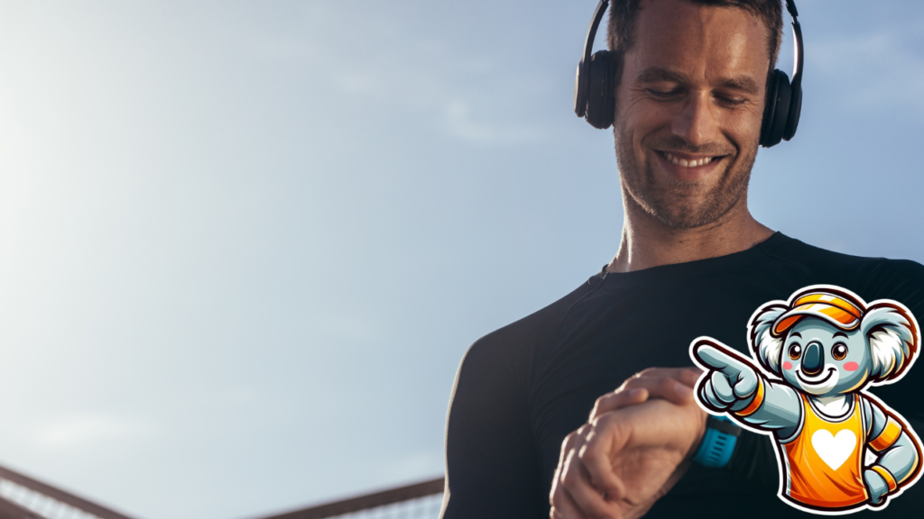 Man in headphones checking smartwatch with cartoon koala.