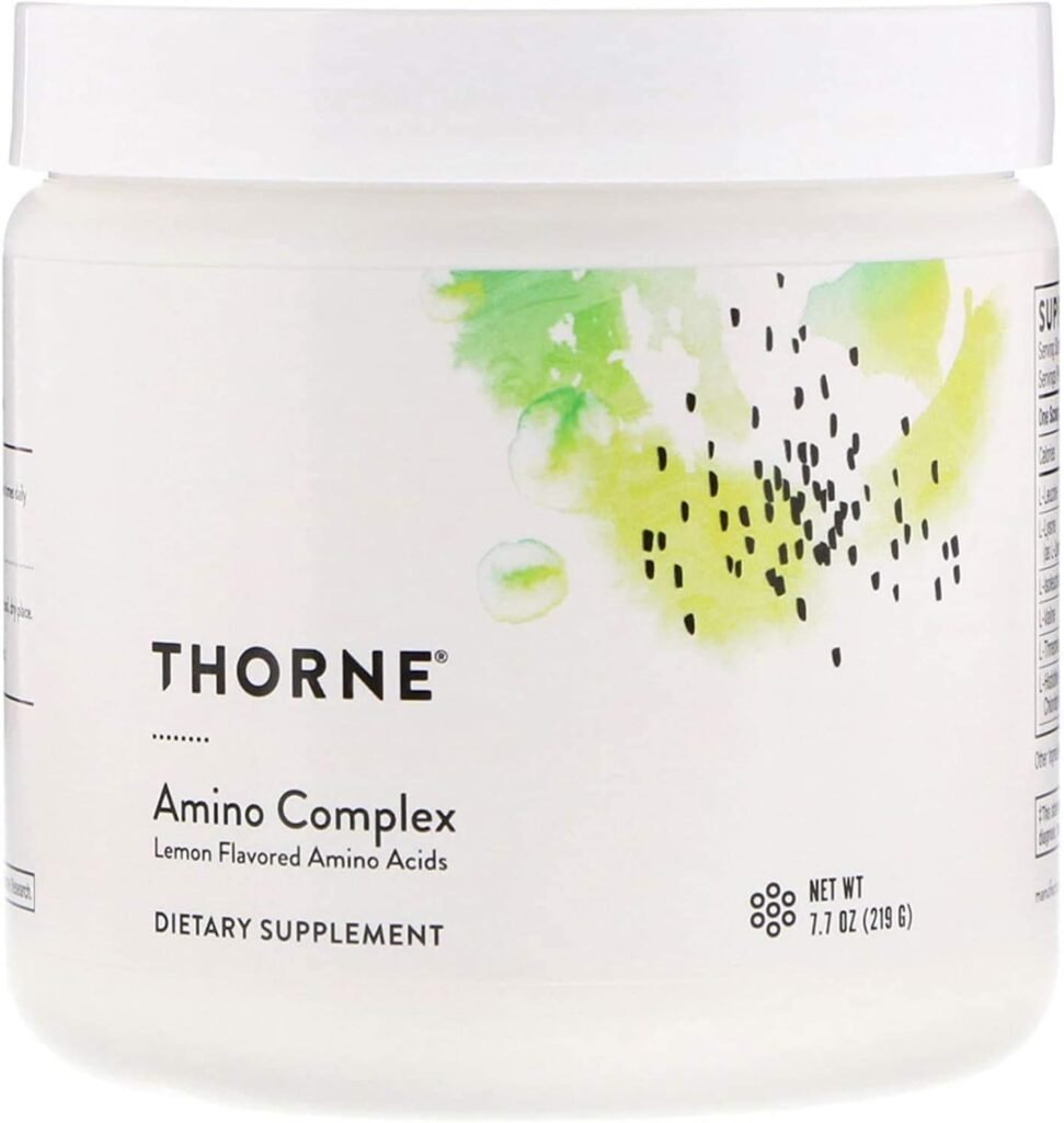 Thorne Amino Complex lemon-flavored supplement jar.