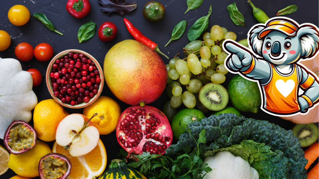 Colorful fresh fruits, vegetables, and cartoon koala character.