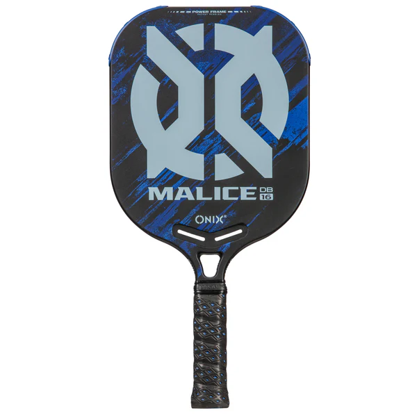 Blue and black ONIX Malice DB pickleball paddle.